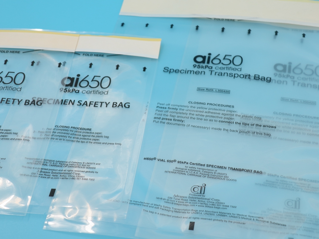 3 camadas / 2 camadas Laboratório Amigável ao ambiente Bioproteção Amostra médica Canguru Coleção de transporte Saco 95kpa