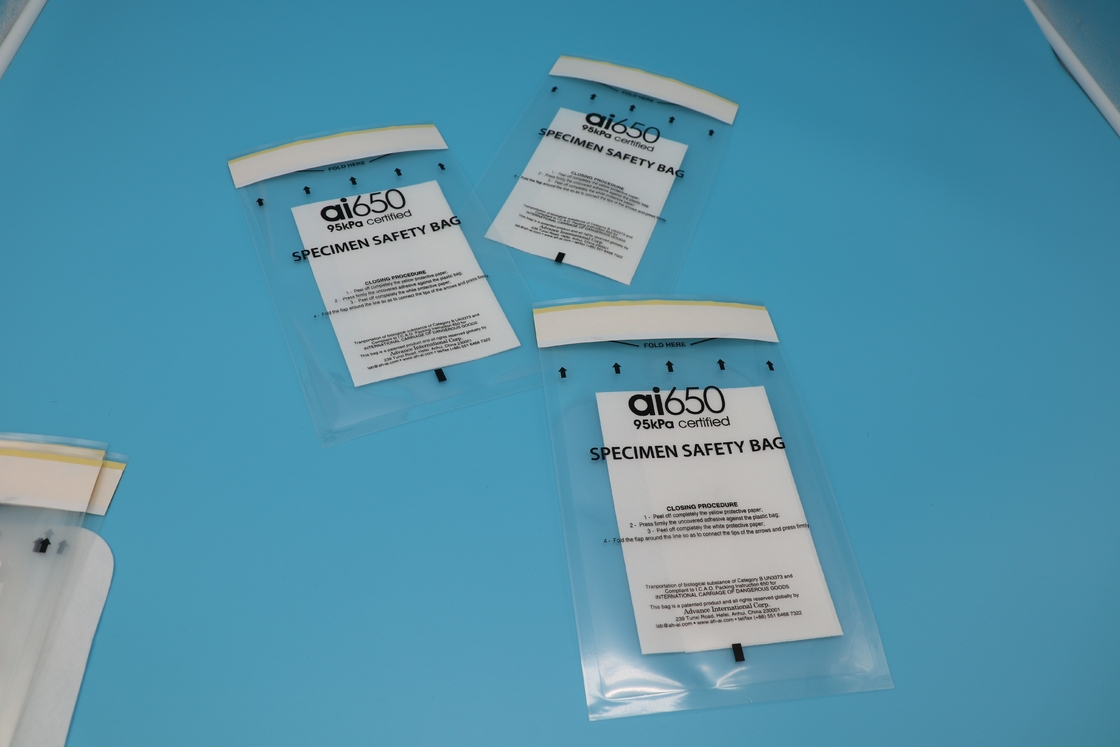 Transporte de sacos de transporte de amostras de segurança de 300 mm x 420 mm 95 KPa para fins médicos ou clínicos