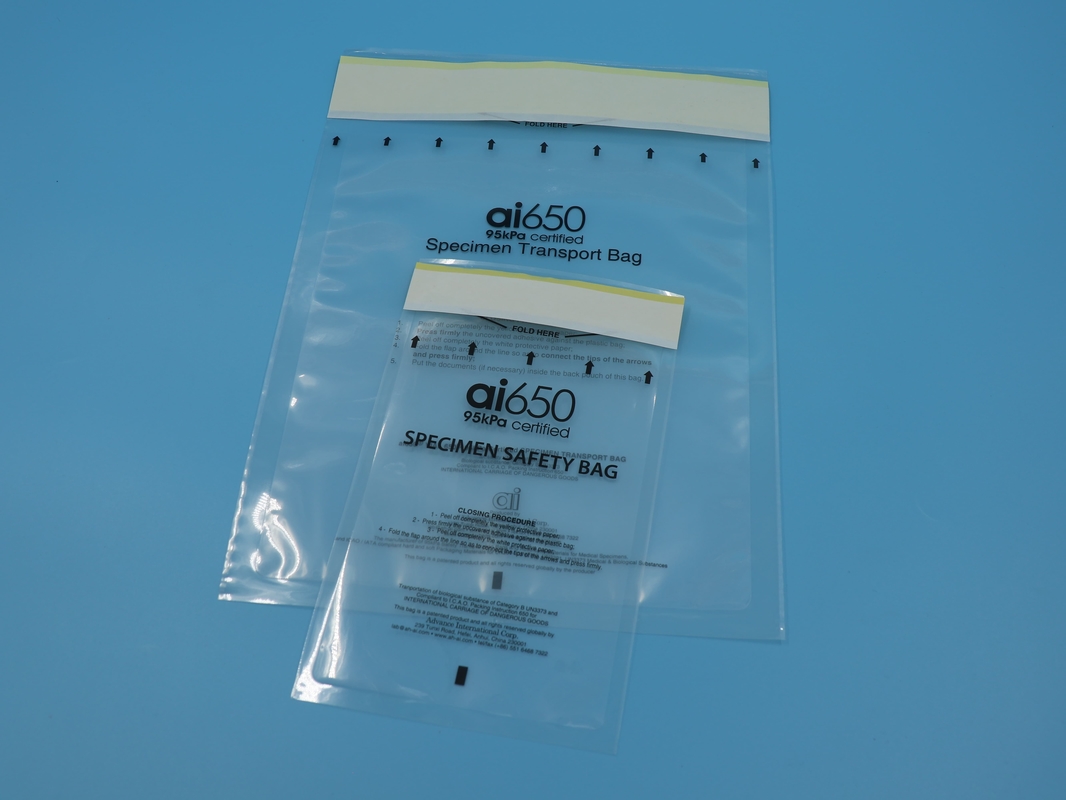 95kpa Pet Pe Material Plástico Disponível Médico Biohazard Recuperação de amostras Sacos de transporte 6x9 Com bolso