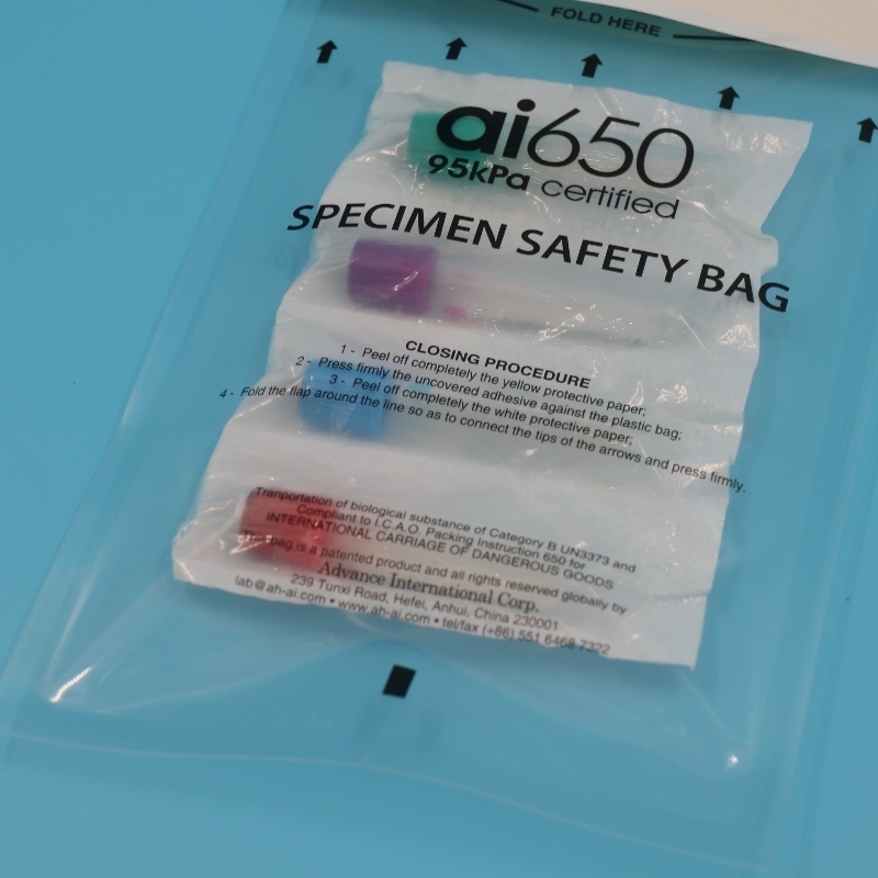 Saco para risco biológico com pressão de 95kPa certificado UN2814 com 7 bolsos absorventes ranhurados para transporte seguro de amostras