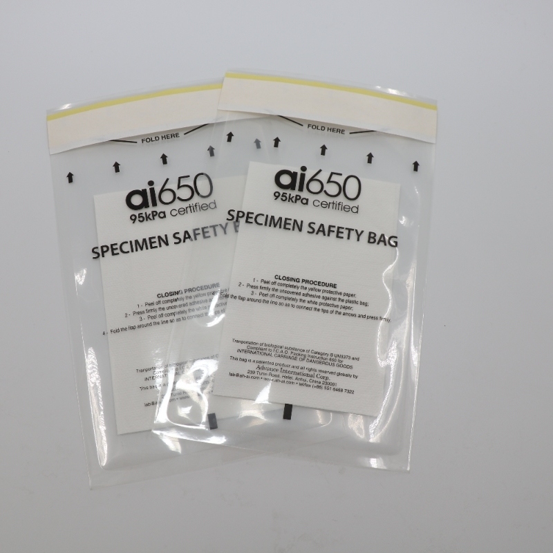 Saco de amostras de risco biológico com pad absorvente e caixa de transporte de amostras compatível com 95 KPa
