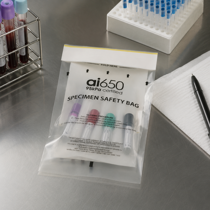UN3373 Saco de amostras ¢ Saco de transporte de amostras biológicas à prova de vazamento com saco absorvente, 95 kPa testado para substâncias da categoria B