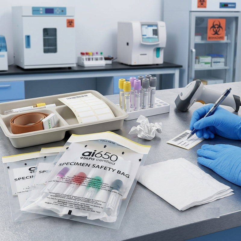 Bolsa de Especimens por Venda Livre. Bolsa de Transporte de Riscos Biológicos Certificada pela FDA com Selo de Zipper e Amarração. Ideal para Laboratórios, Hospitais e Clínicas.