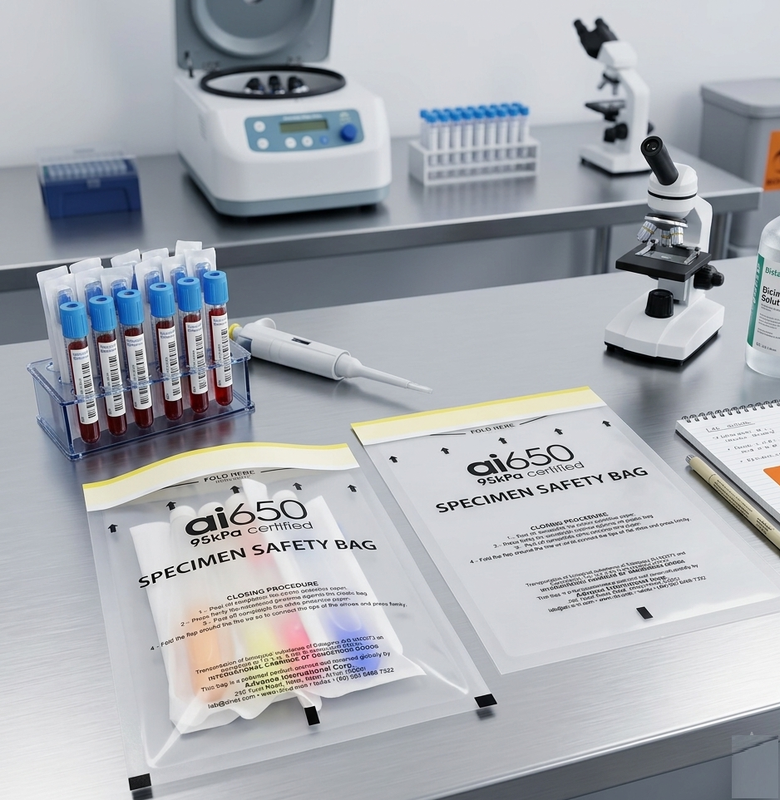 Saco de amostra descartável para conformidade com UN3373 - Saco de polietileno resistente a vazamentos com bolso para documentos e símbolo de risco biológico